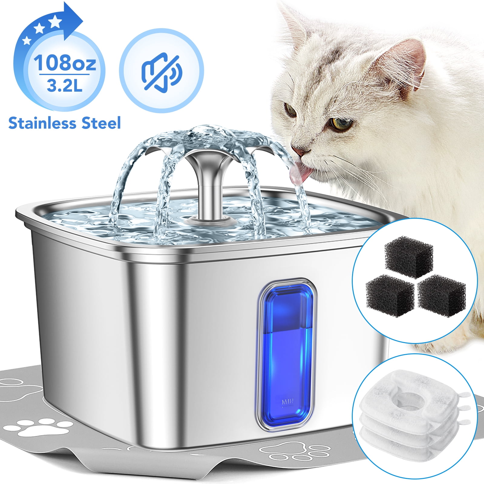 Ophanie-108oz-3-2L-Stainless-Steel-Cat-Water-Fountain-Replacement-Filters-Silicone-Mat-Automatic-Water-Dispenser-Cat-Dogs-Electric-Drinking-Bowl-Suit_a95b8e13-842d-44b2-9cb4-a3150c728840.b1cc8e91bdf8dff0fe29aeb1ff27abee Ophanie 108oz/3.2L Stainless Steel Cat Water Fountain with Replacement Filters & Silicone Mat, Automatic Water Dispenser for Cat and Dogs, Electric Drinking Bowl Suitable for Multiple Pets, Silver - Image 1